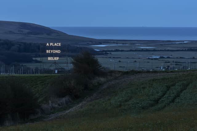 Tentative Words Change Everything by Nathan Coley, at Rathfinny. Photograph by Keith Hunter. SUS-220604-115844001
