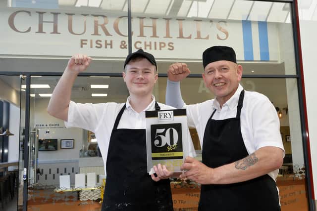 Supervisor Joe Neilan and manager Alan Moores at Churchill's Fish and Chips in Langney Shopping Centre, Eastbourne (Photo by Jon Rigby) SUS-220604-111710008
