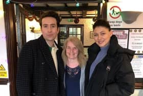 Eastbourne family set to feature on new interior design show with Nick Grimshaw and Emma Willis. The pair had lunch at The British Queen pub in Willingdon in December last year while filming (photographed with pub owner Angela Cain). SUS-220604-101825001