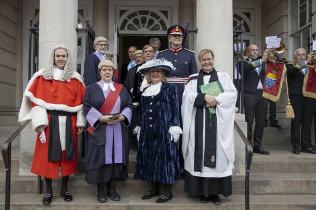 Front, left to right, The Hon Mr Justice Murray, 
Her Honour Judge Christine Laing QC, High Sheriff of East Sussex Jane King, The Reverend Father John
Wall, High Sheriff's Chaplain. Second row, left to right, Miles Jenner, outgoing High Sheriff of East Sussex, Her Majesty's Lord-Lieutenant of East
Sussex, Andrew Blackman.

Pic by David McHugh / Brighton Pictures SUS-220604-145051001