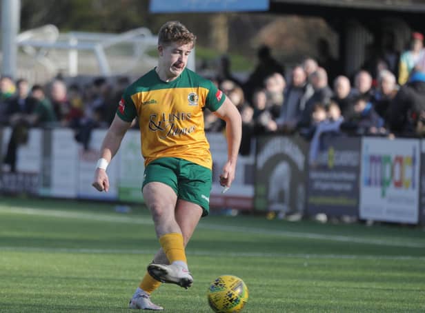 Charlie Hester-Cook netted the winner at Potters Bar Town which secured Horsham's Isthmian Premier status for next season. Picture by John Lines