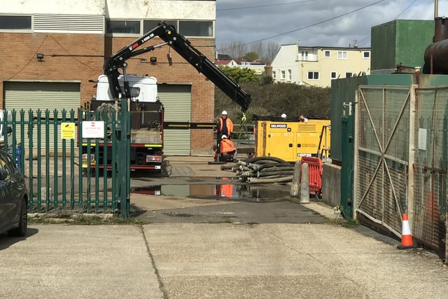 Southern Water engineers at West St Leonards pumping station following last night's burst wastewater main SUS-220704-124409001