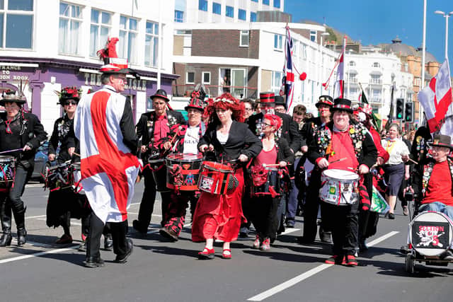 St George's Day Parade, Wellington Square, Hastings.
22.04.12.
Pictures by: TONY COOMBES PHOTOGRAPHY
Section 5 Drummers lead the parade ENGSUS00120120423092239