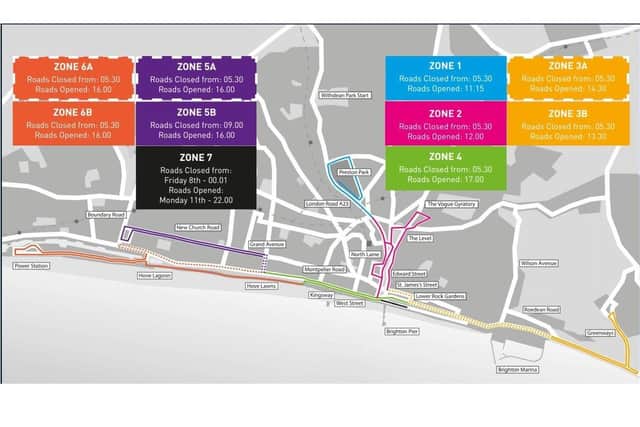 The map of road closures for the 2022 Brighton Marathon