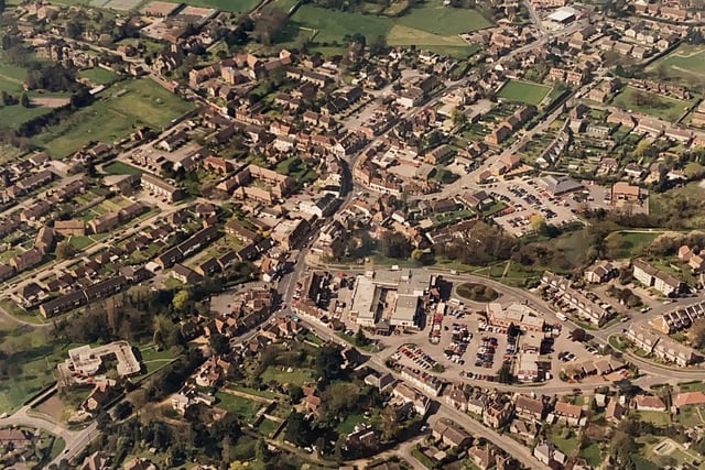 Storrington village centre, Old Mill Drive, Church Street and the library pictured from above in the late 1990s