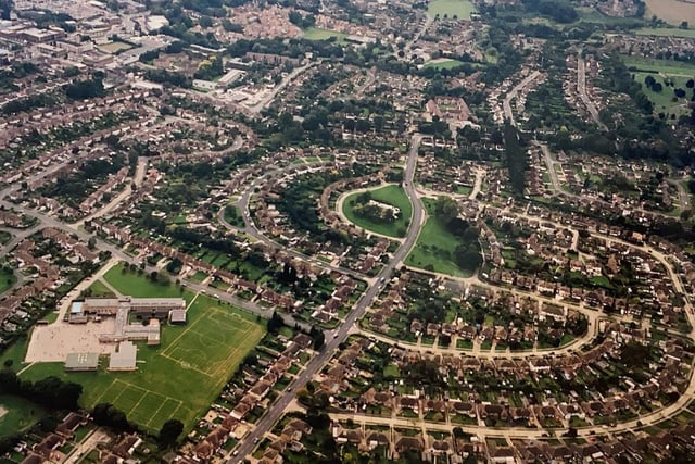 An aerial view of Merryfield Drive, Greenway and Cootes Avenue in Horsham in the late 1990s
