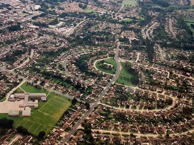 An aerial view of Merryfield Drive, Greenway and Cootes Avenue in Horsham in the late 1990s