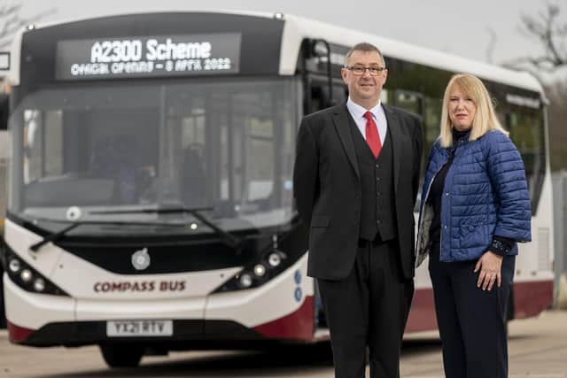 Joy Dennis, West Sussex County Council’s cabinet member for Highways and Transport, and Compass Travel’s commercial manager Neil Glaskin in front of the Low Emission Bus used on the tour. Picture: West Sussex County Council.