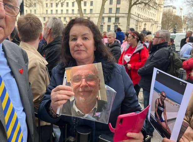 Donna Brodrick, pictured with Worthing West MP Sir Peter Bottomley, wants the Covid wall in London to remain permanent to honour her husband, Simon and another victims. Photo: @PBottomleyMP