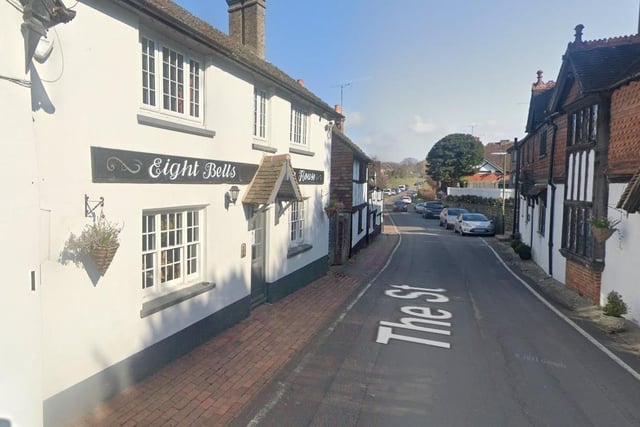 The Eight Bells in The Street, Bolney, has a rating of 4.5 from 361 Google reviews. Its Sunday menu includes several roasts like Honey Roast Gammon, Sirloin of Beef, Pork Belly or Mushroom and Cashew Nut Wellington. All of these are served with crispy roast potatoes, carrots, kale and cauliflower cheese. Picture: Google Street View.