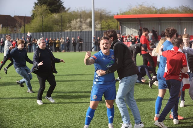 Worthing fans and players celebrate after victory over Bowers and Pitsea confirms they are Isthmian premier division champions - and are promoted to the National South / Pictures: Worthing FC-Mike Gunn