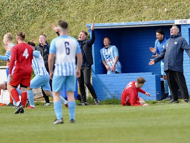 Action from Shoreham's 2-0 win at Worthing United in division one of the SCFL / Pictures: Stephen Goodger
