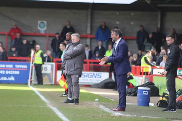 John Yems watches on as his Crawley side beat Phil Brown's Barrow. Photo: Cory Pickford