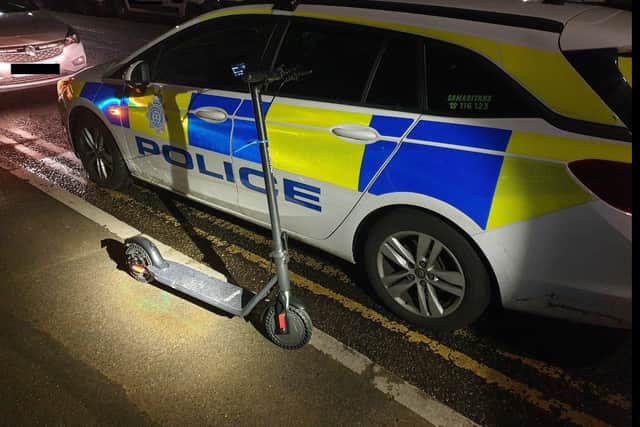 Officers said an e-scooter in Eastbourne has been seized by police after it driven in the town. Picture from Sussex Police SUS-221104-101414001