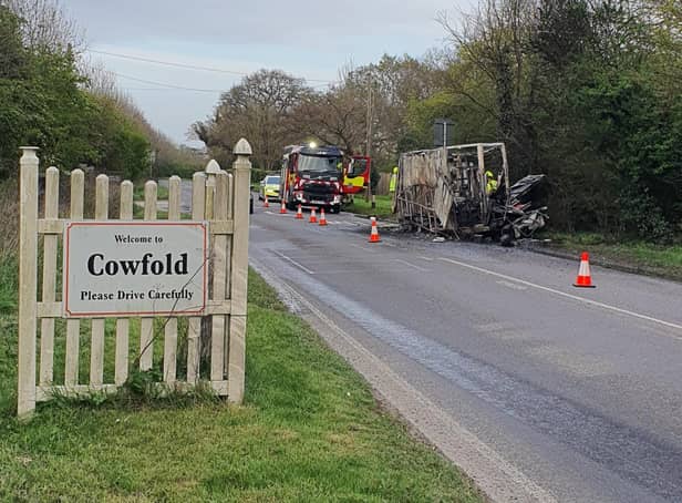 Officers said they attended a vehicle fire near Cowfold on Monday, April 11. Picture from Sussex Roads Police SUS-221204-072143001