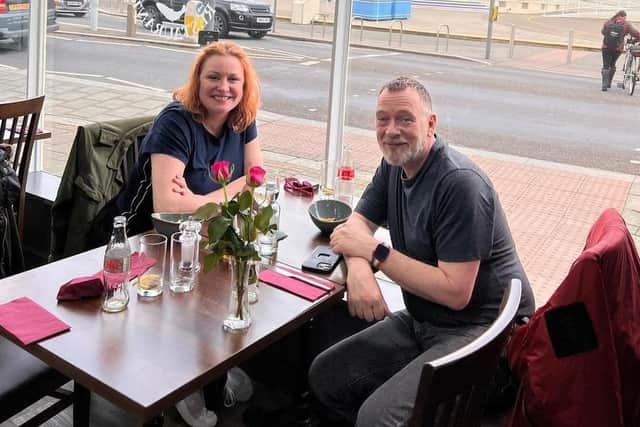 Laurie Brett and Adam Woodyatt spotted in Arcades Fish Restaurant in Worthing grabbing a bite to eat