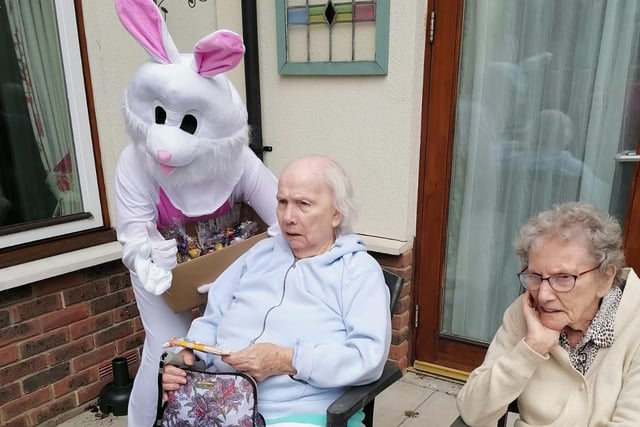 The Easter bunny was out handing out Easter eggs.