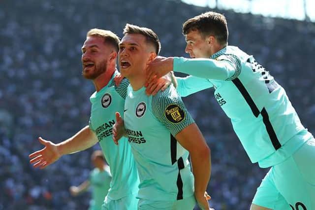 Brighton and Hove Albion celebrate their dramatic late winner at the Tottenham Hotspur Stadium