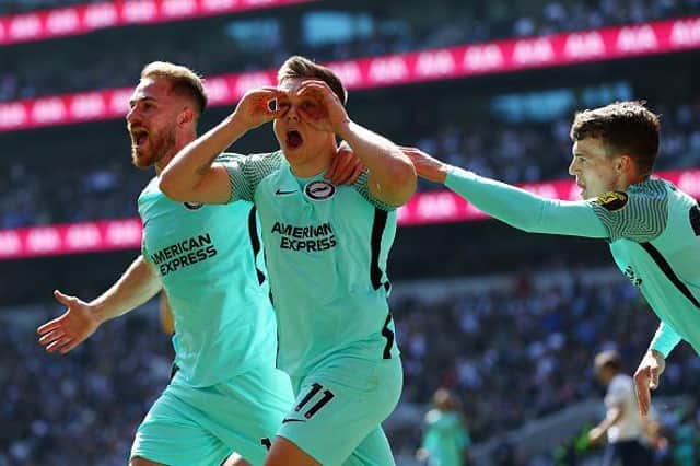 Brighton attacker Leo Trossard celebrates his last minute against Tottenham at the Tottenham Hotspur Stadium