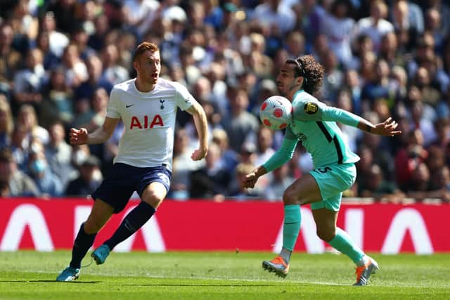 Just before the half hour mark, Spurs' forward Dejan Kulusevski appeared to swing his arm at Albion full-back Marc Cucurella. (Photo by Clive Rose/Getty Images)