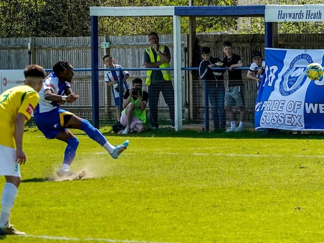 Action from Haywards Heath's 0-0 draw with Corinthian - from which a point proved enough to secure an Isthmian south east division play-off place / Picture: Ray Turner