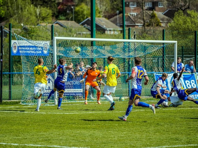 Action from Haywards Heath's 0-0 draw with Corinthian - from which a point proved enough to secure an Isthmian south east division play-off place / Picture: Ray Turner