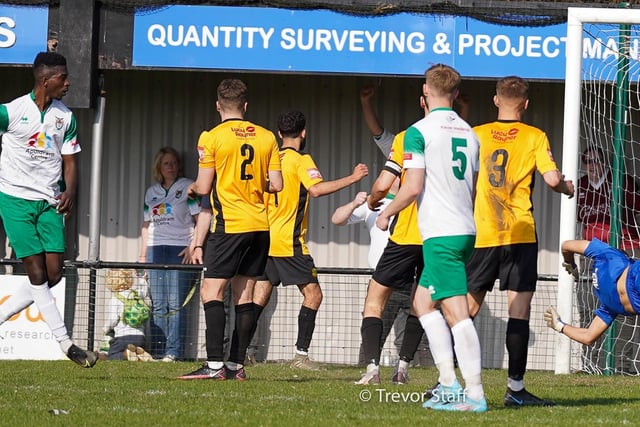 Action from the Rocks' 3-1 Isthmian premier win at Merstham - this is Nathan Odokonyero getting the second / Pictures: Lyn Phillips and Trevor Staff