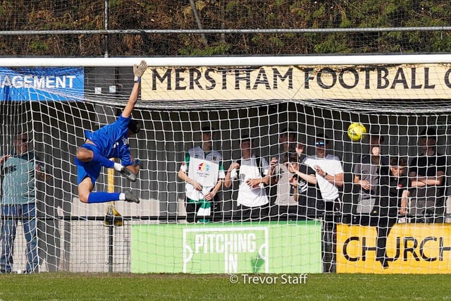 Action from the Rocks' 3-1 Isthmian premier win at Merstham - the Rocks' third, by Dan Gifford, flies in / Pictures: Lyn Phillips and Trevor Staff