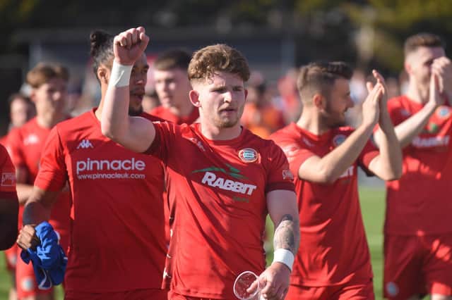 Worthing FC celebrate last week's clinching of the Isthmian premier title in front of their own fans at Woodside Road - and beat Carshalton 5-0 just for good measure / Picture: Marcus Hoare