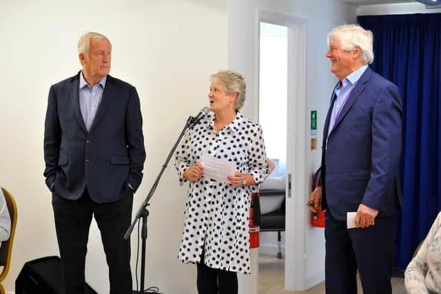 From left: Chris Tarrant and Phoenix Stroke Club trustees Lesley Niven and Don Burstow