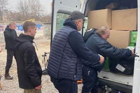Three vans filled to the brim stuffed with items convoyed to west Ukraine into the city of Mukachevo, 50km from the Hungarian border.