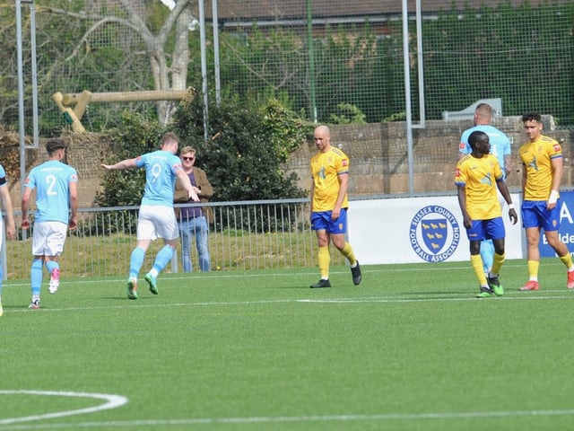 Action from Hastings United's 2-0 win at Lancing in the Isthmian south east division at Culver Road on Easter Monday / Picture: Stephen Goodger