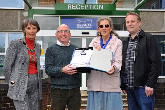 Burgess Hill Town Councillors hand in a petition to MSDC (L-R, Anne Eves, Robert Eggleston, Janice Henwood and Peter Chapman) . Pic S Robards SR2204192 SUS-220419-143932001