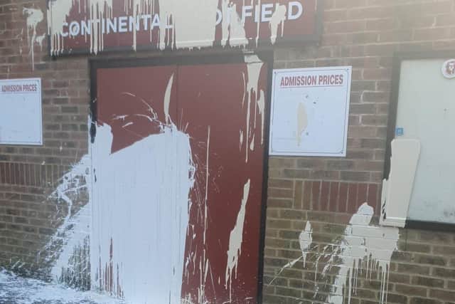 Hastings United staff noticed that white paint had been thrown on the stadium as they prepared to celebrate winning the Isthmian League Southeast on Saturday (April 16). SUS-220419-145156001