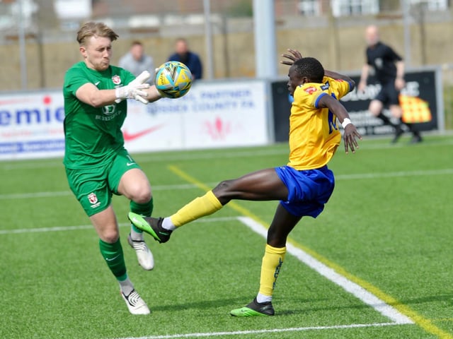 Action from Hastings United's 2-0 win at Lancing in the Isthmian south east division at Culver Road on Easter Monday / Picture: Stephen Goodger