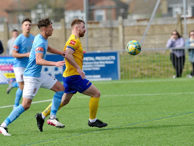 Action from Hastings United's 2-0 win at Lancing in the Isthmian south east division at Culver Road on Easter Monday / Picture: Stephen Goodger