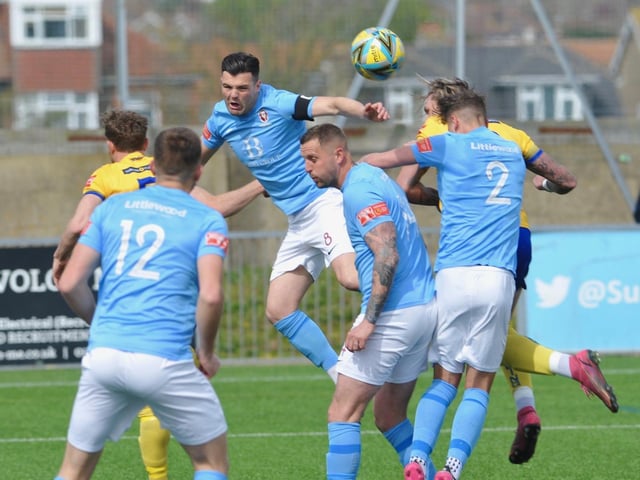Action from Hastings United's 2-0 win at Lancing in the Isthmian south east division at Culver Road on Easter Monday / Picture: Stephen Goodger