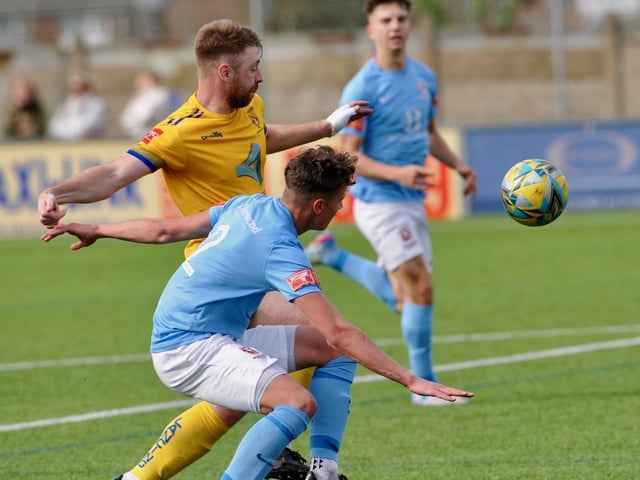 Action from Hastings United's 2-0 win at Lancing in the Isthmian south east division at Culver Road on Easter Monday / Picture: Stephen Goodger
