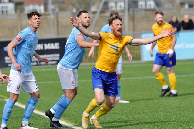 Action from Hastings United's 2-0 win at Lancing in the Isthmian south east division at Culver Road on Easter Monday / Picture: Stephen Goodger