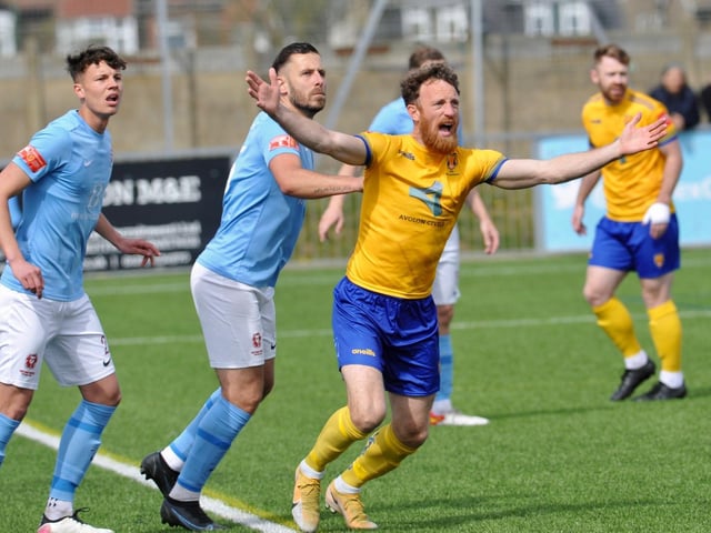 Action from Hastings United's 2-0 win at Lancing in the Isthmian south east division at Culver Road on Easter Monday / Picture: Stephen Goodger