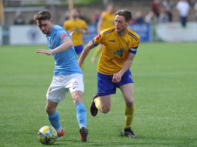 Action from Hastings United's 2-0 win at Lancing in the Isthmian south east division at Culver Road on Easter Monday / Picture: Stephen Goodger
