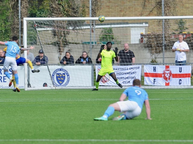 Action from Hastings United's 2-0 win at Lancing in the Isthmian south east division at Culver Road on Easter Monday / Picture: Stephen Goodger