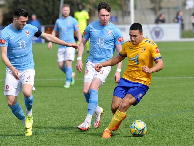 Action from Hastings United's 2-0 win at Lancing in the Isthmian south east division at Culver Road on Easter Monday / Picture: Stephen Goodger