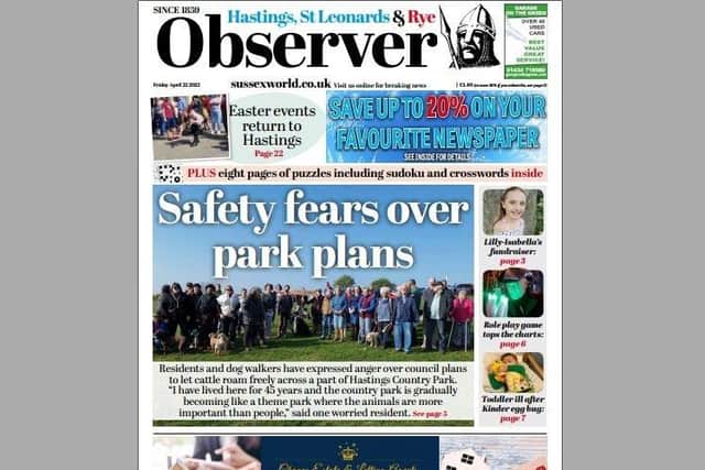 Today's front page of the Hastings, St Leonards and Rye Observer SUS-220421-112956001