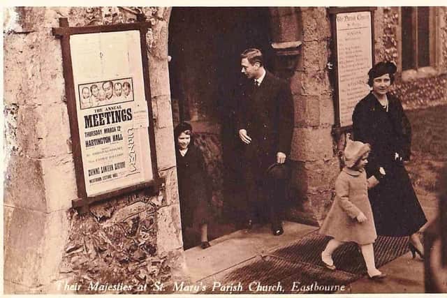 Young Princess Elizabeth stepping out of St Marys Church, Eastbourne, with her father, King George VI, and mother, Queen Elizabeth, Sunday 8th March 1936. Picture from Eastbourne Borough Council SUS-220421-123426001