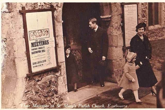 Young Princess Elizabeth stepping out of St Marys Church, Eastbourne, with her father, King George VI, and mother, Queen Elizabeth, Sunday 8th March 1936. Picture from Eastbourne Borough Council SUS-220421-123426001