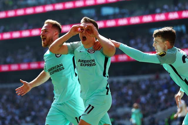 Leandro Trossard (centre) celebrates netting a 90th minuted winner for Brighton & Hove Albion in their 1-0 success at Tottenham Hotspur last weekend. Picture by Clive Rose/Getty Images