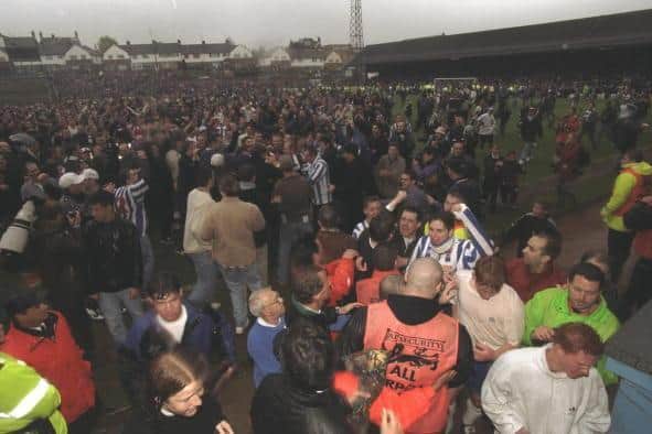 Brighton and Hove Albion fans invade the pitch on the referees final whistle of the Division Three match between against Doncaster Rovers, which was the last game ever to be played at The Goldstone. Ross Kinnaird /Allsport