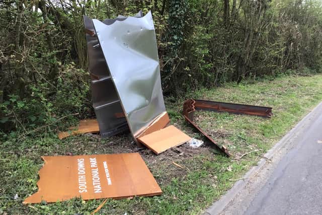 A reader took this photo of the damaged South Downs National Park sign in Spatham Lane, Ditchling, on Sunday morning (April 24).