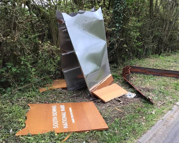 A reader took this photo of the damaged South Downs National Park sign in Spatham Lane, Ditchling, on Sunday morning (April 24).